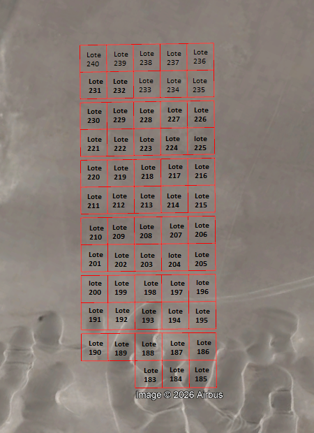 Plano del loteo Oasis de Longacho con los 58 lotes numerados, vista satelital