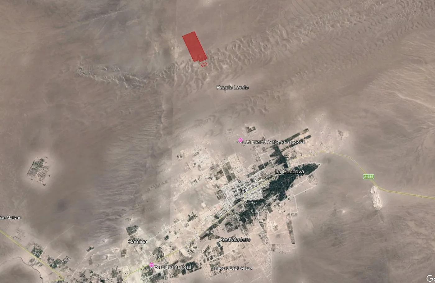 Plano satelital: polígono del terreno Oasis de Longacho sobre Pica y Puquio Loreto